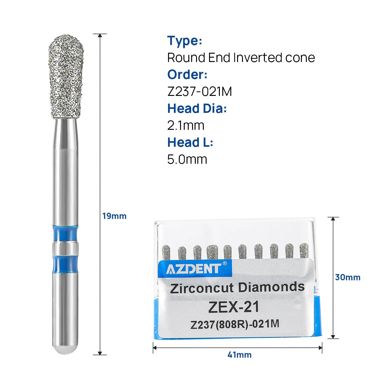 Boîte de 10 fraises diamantées dentaires Azdent pour la découpe de la céramique de zircone, 1,6 mm, pour pièces à main dentaires haute vitesse