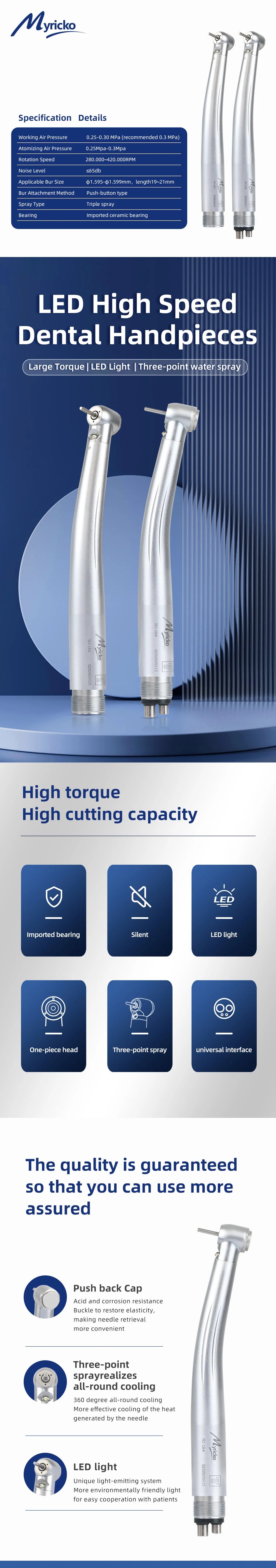 LED Dental Handpiece High Speed rotation Push ButtonSpray Light Ceramic Bearings Dentistry Tips Air Turbine High Rotation Pens