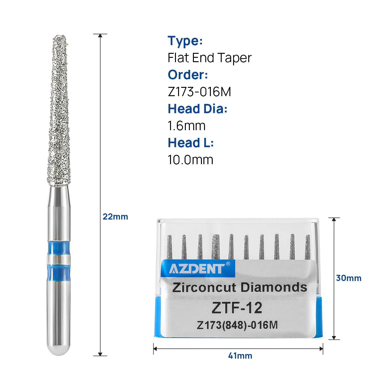 10Pcs/box Azdent Dental Diamond Burs Cutting Zirconia Ceramic Burs 1.6mm For High Speed Dental Handpieces