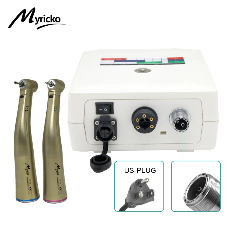 Myricko 1:5/1:1 Fiber Optic Contra Angle Dental Low Speed Red Rings Handpiece Micromotor Push Button Dentistry Instrument Tools