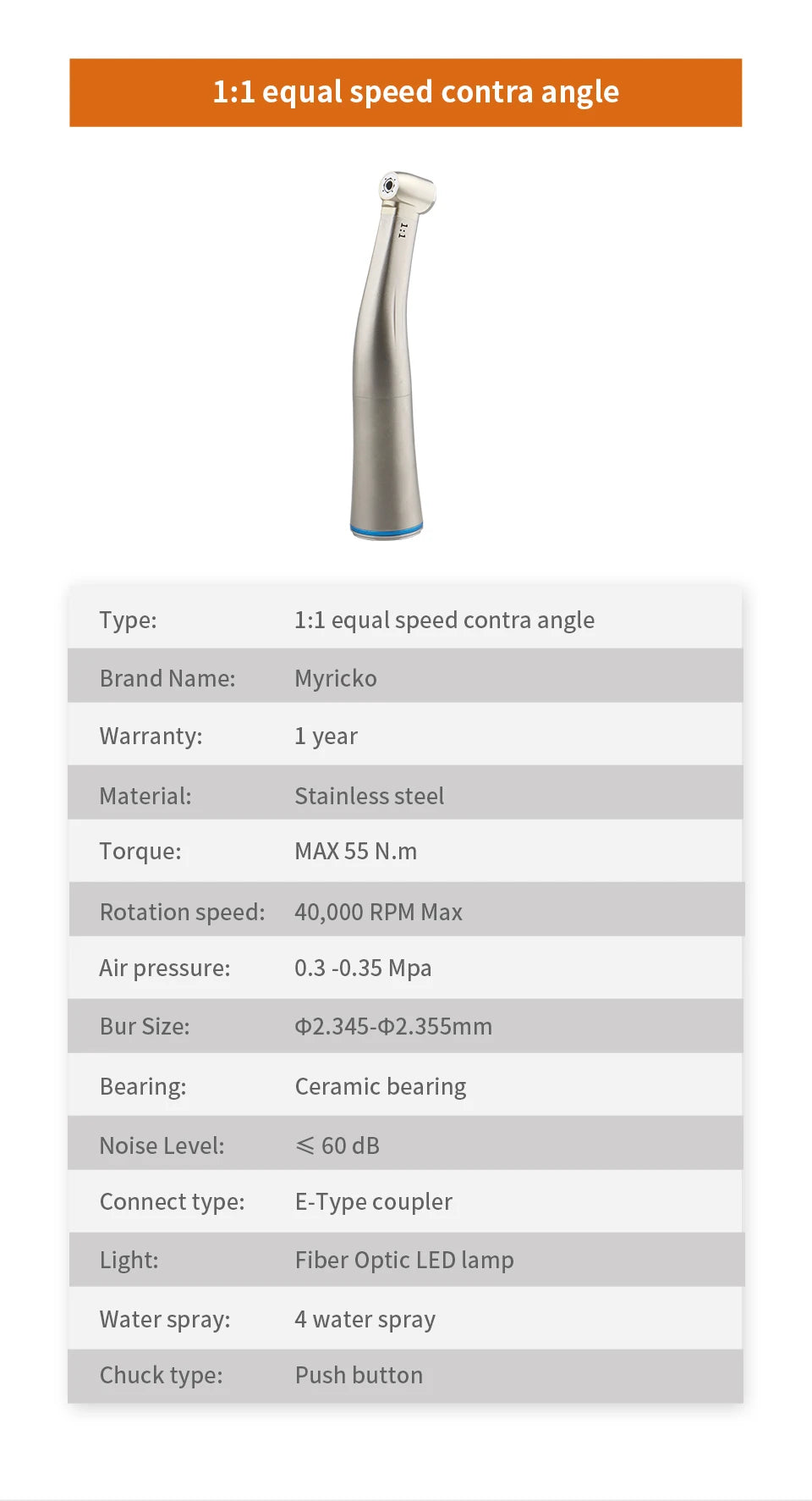 Myricko 1:5/1:1 Fiber Optic Contra Angle Dental Low Speed Red Rings Handpiece Micromotor Push Button Dentistry Instrument Tools