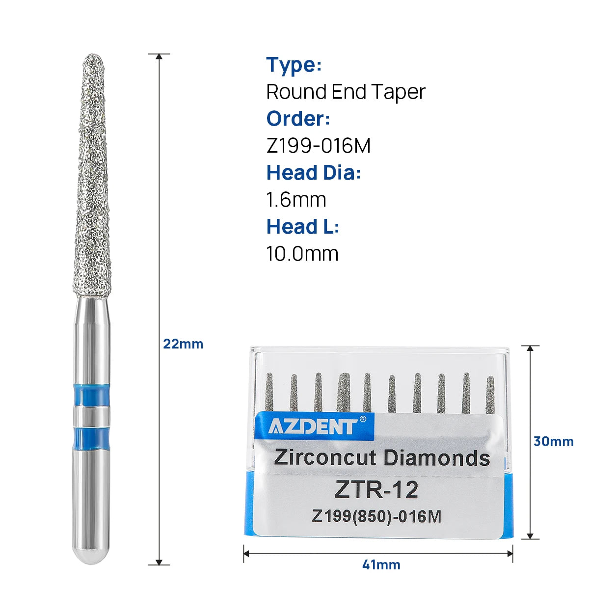 10Pcs/box Azdent Dental Diamond Burs Cutting Zirconia Ceramic Burs 1.6mm For High Speed Dental Handpieces