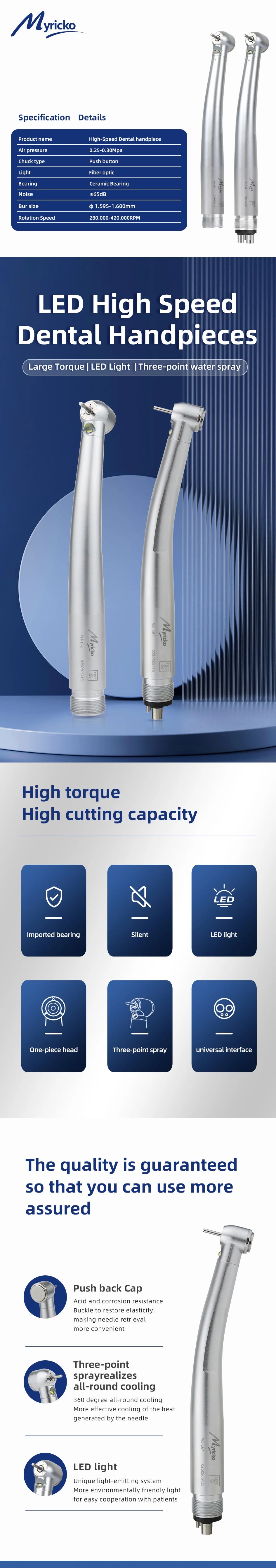 Self-Power E-generator Dental LED High Speed Handpiece Myricko Dentist Tips Air Turbine Dental Handpiece rotation  2/4 Hole M4