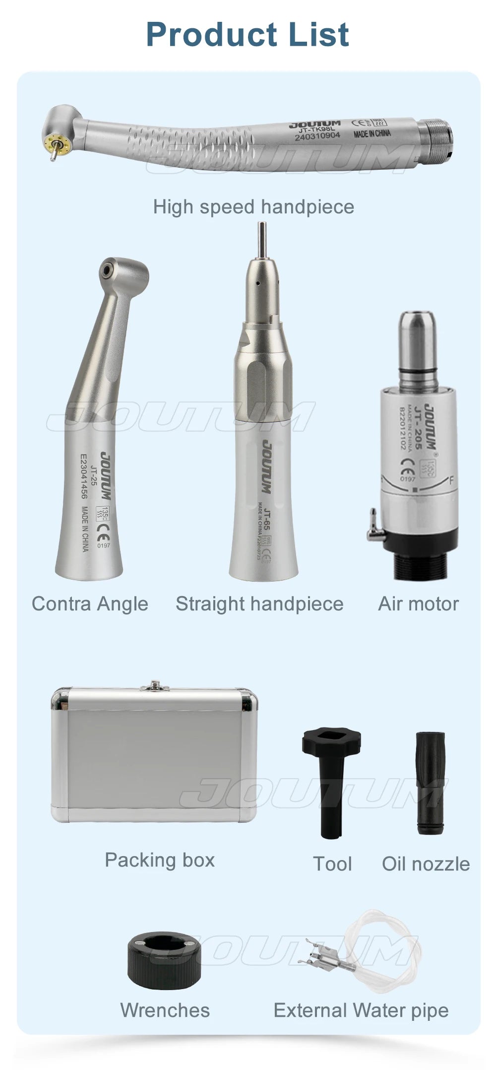 Dental High and Low Speed Handpiece Kit High Speed 5 Led light  Handpiece Push Putton 1:1 Contra Angle Air Motor Set