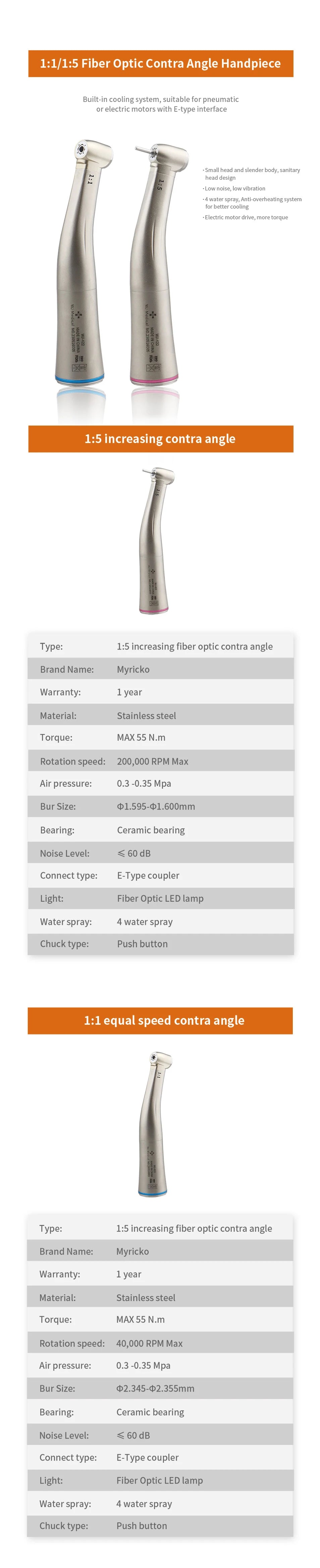 Myricko Dental  Low Speed 1:5 Ratio Fiber Optic Contra Angle  Handpiece Red Ring Air Turbine Dentistry Equipment Tool rotation