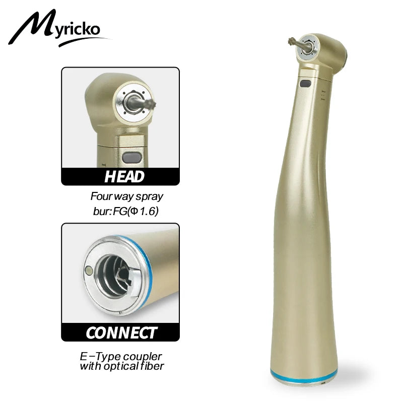 Myricko Dental  Low Speed 1:5 Ratio Fiber Optic Contra Angle  Handpiece Red Ring Air Turbine Dentistry Equipment Tool rotation