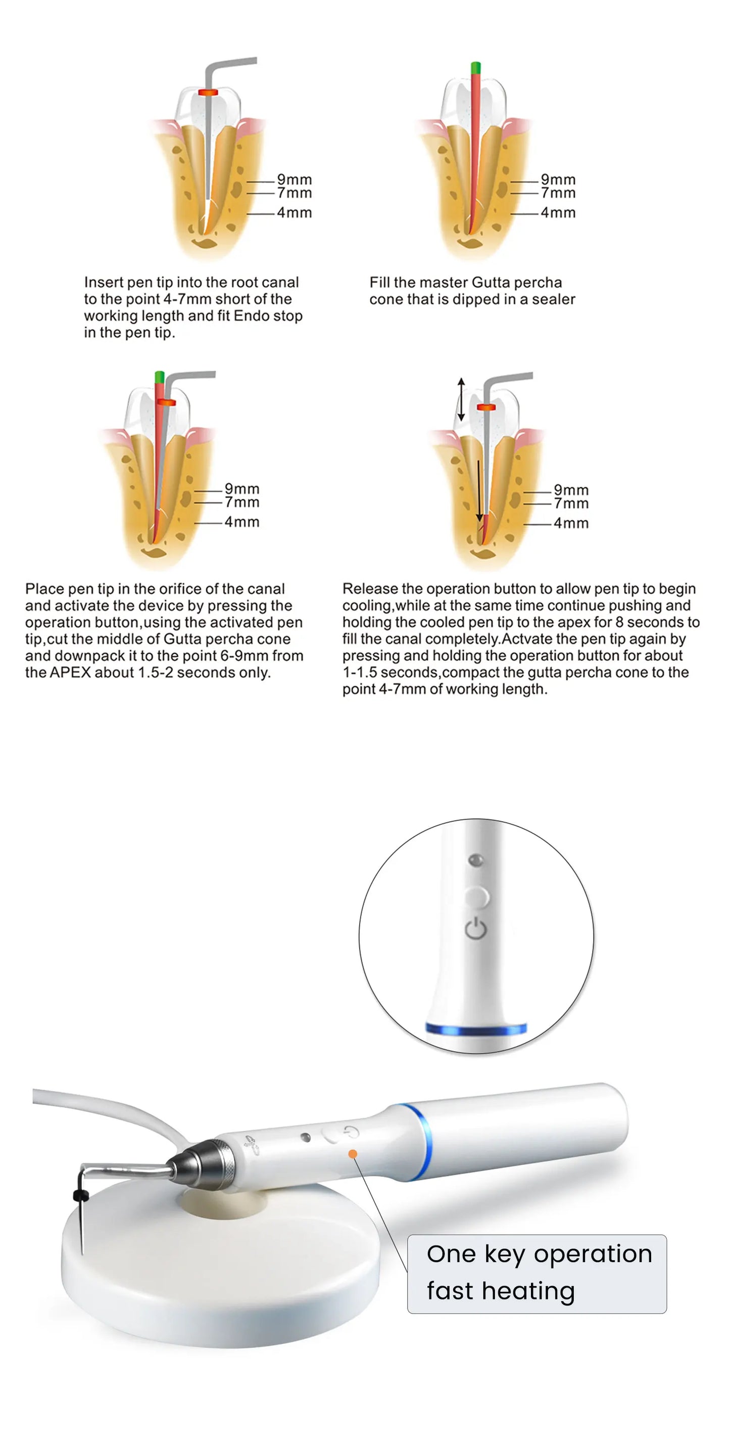 Myricko Dental Cordless Wireless Gutta Percha Obturation System Endo Electric Heated Pen with 2 Tips Dentistry Tool