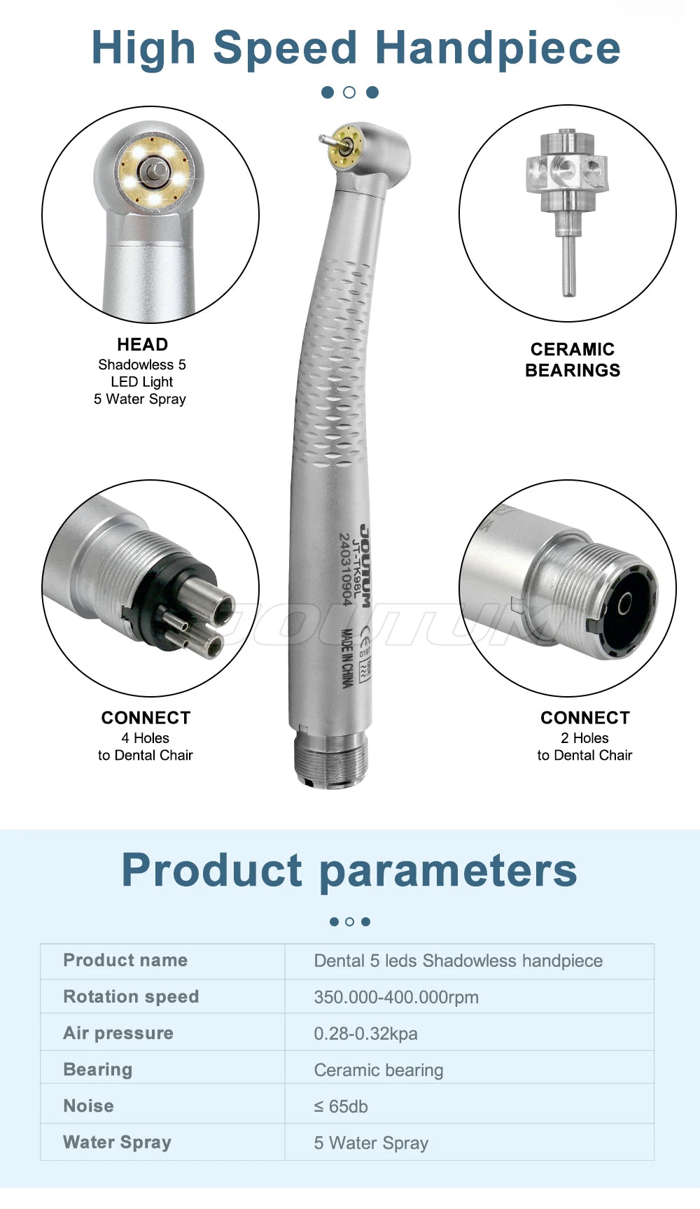 Dental High and Low Speed Handpiece Kit High Speed 5 Led light  Handpiece Push Putton 1:1 Contra Angle Air Motor Set