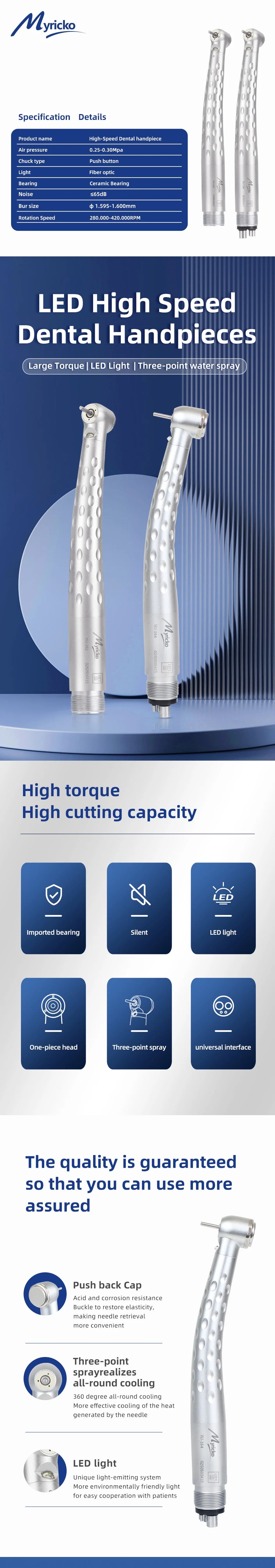 Dental High Speed Handpiece LED Self-Power E-generator  Push Button Air Turbine Cartridge Rotor rotation Fit NSK KAVO BienAir