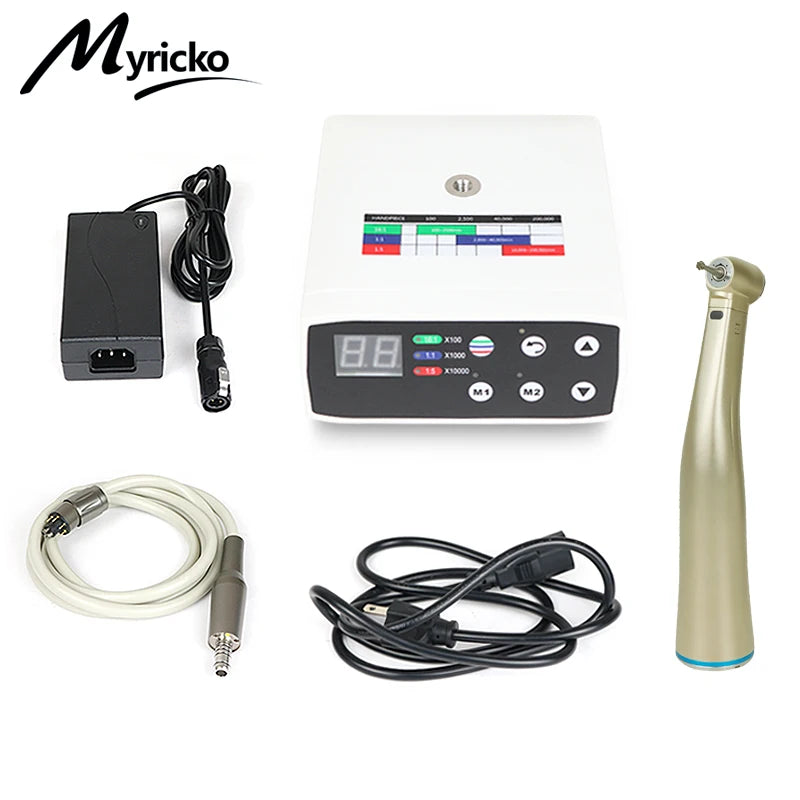 Myricko 1:5/1:1 Fiber Optic Contra Angle Dental Low Speed Red Rings Handpiece Micromotor Push Button Dentistry Instrument Tools